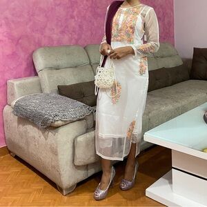Organza Floral Embroidered White Kurta